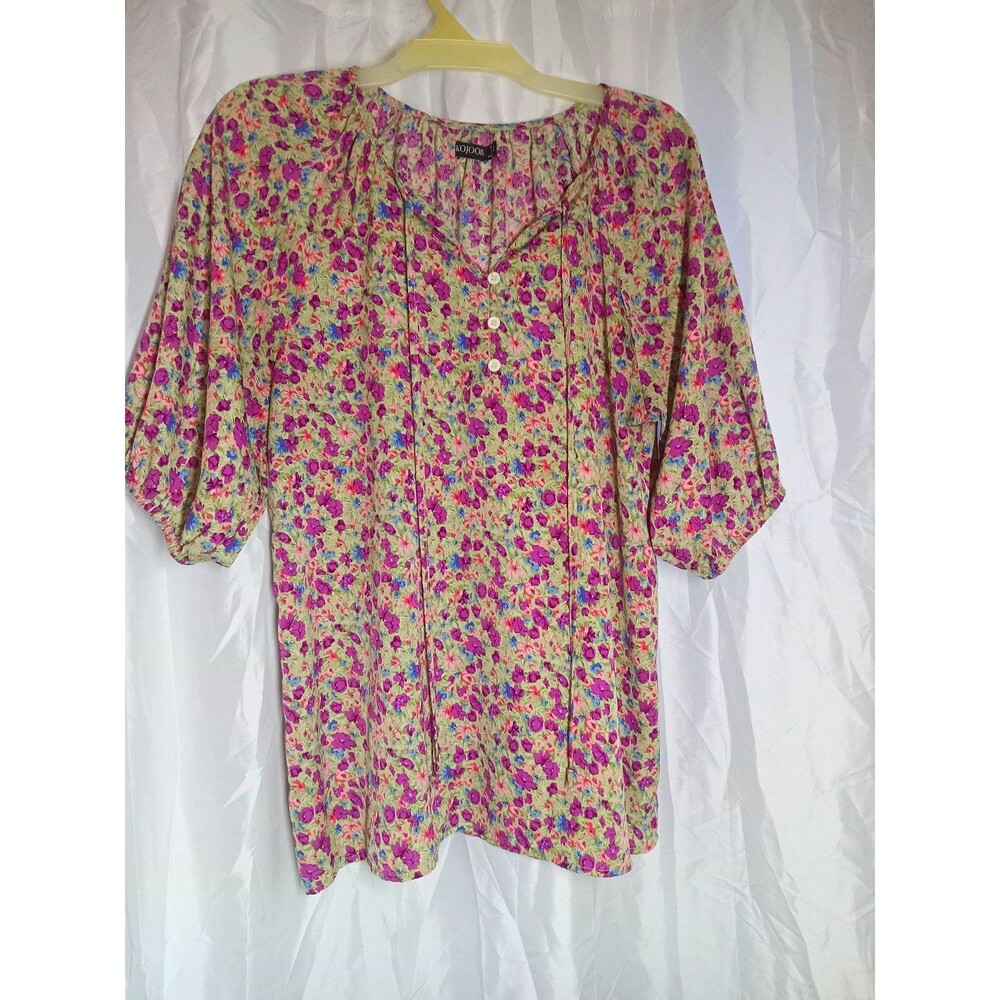 KOJOOIN Women Floral Peasant V-Neck Button Front 3/4 Sleeve Boho Woven Blouse XL